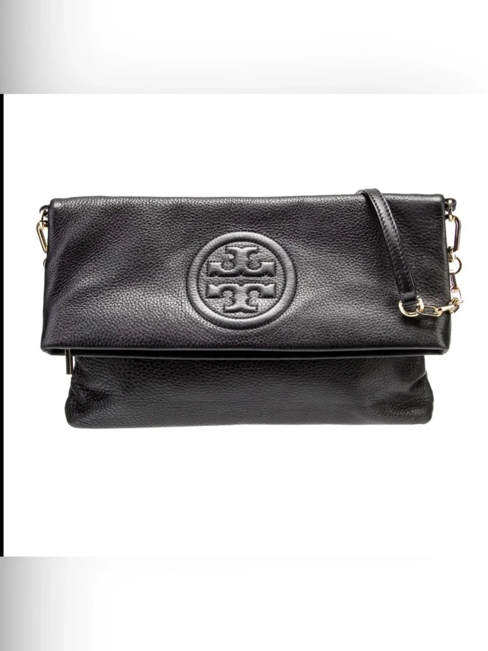 Tory Burch black leather Bombe envelope fold over crossbody bag